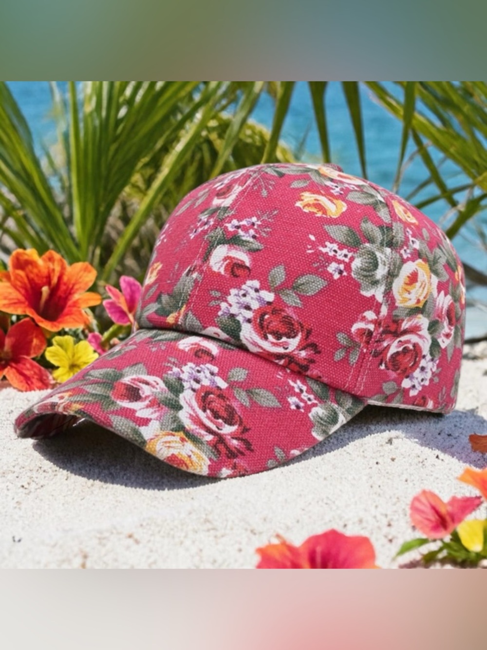 7035. Floral Pink Rose Baseball Cap